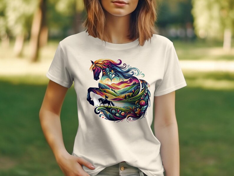 Colorful Horse T-Shirt, Vibrant Nature and Animal Art Tee, Abstract Horse Lover Gift, Unisex Graphic T-Shirt, Unique Equestrian Wear image 6