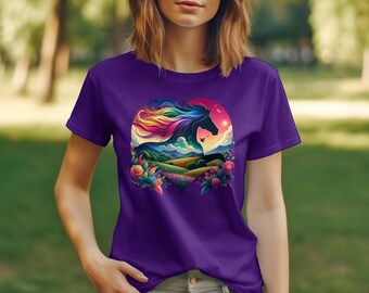 Colorful Horse Heart Landscape Tee, Artistic Nature Scenery T-Shirt, Vibrant Sunset Horse Lover Gift, Unisex Graphic Tee