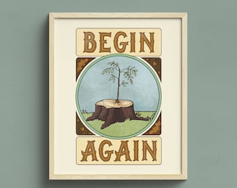 Art Nouveau comenzar de nuevo impresión / Ilustración de tocón de árbol Giclée
