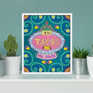 Mas Tacos Por Favor, Spanish tile print, Taco lover wall art, Foodie love, Mexican folk art, kitchen sign