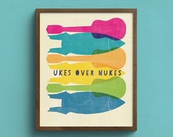 Ukes Over Nukes | peace, vintage, retro print, Screen print poster,