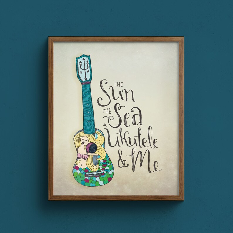 Sun Sea Ukulele And Me Mermaid Illustrated Wall Art Hawaii Wall Art Print Beach House Decor Gift For Music Lover Uke Lover