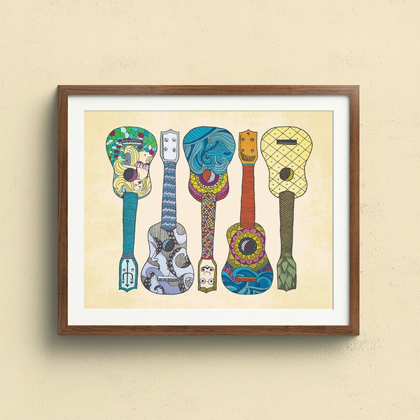 Ukulele Band | Folk art style | gift for musician | 1970s Retro Style