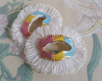 One Pair of Ceramic Clay White, Pastel and Gold with raffia Vintage Italian ornaments from 1950's