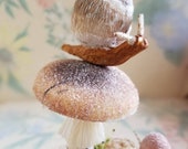 Lovely Snail on Mushroom Oval Antique Ephemera Oval Box with Antique Millinery Flowers, Stamen Pips and German Glass Glitter
