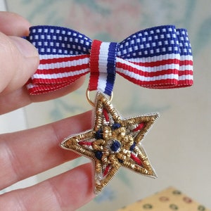 Stars and Stripes Vintage Ribbon & Vintage Bullion Star Bow Pin Brooch for Independance Day - Show your Patriotic Pride - God Bless America