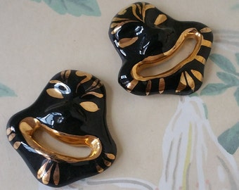 One Pair of Adorably Grotesque Ceramic Clay Black and Gold Vintage Italian ornaments from 1950's