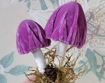 Magical Lavender 1950's Small Velvet Fly Agaric Double Mushroom Ornament - Alice in Wonderland Woodland Gift Christmas Tree Death Cap decor