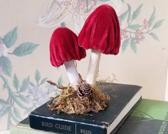 Magical Red 1950s Free Standing Velvet Fly Agaric Double Mushroom Woodland Gift - Death Cap Halloween Party Cloche decor - Creepy Cool Art