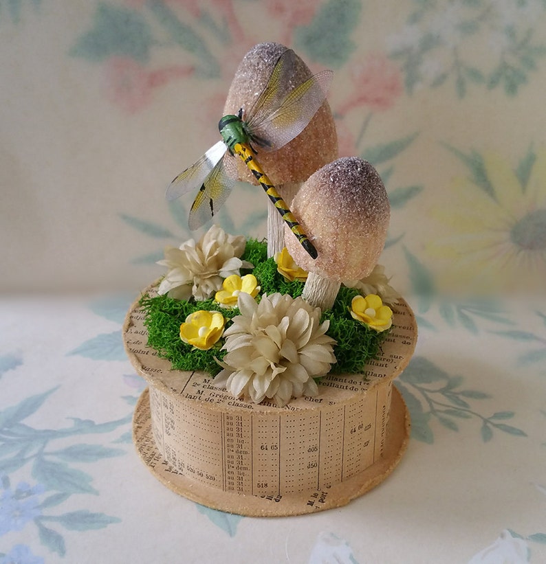 German Glass Glitter Mushrooms and vintage Millinery Flowers Yellow Realistic Dragonfly Keepsake Box Party Favor Antique French Newsprint