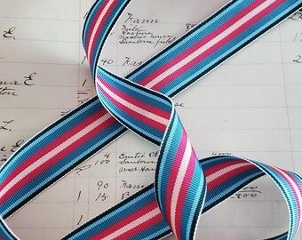 Bright vintage acetate grosgrain stripe petersham ribbon teal blue powder hot pink stripe 1" for bows belts tote straps millinery hat 1yd