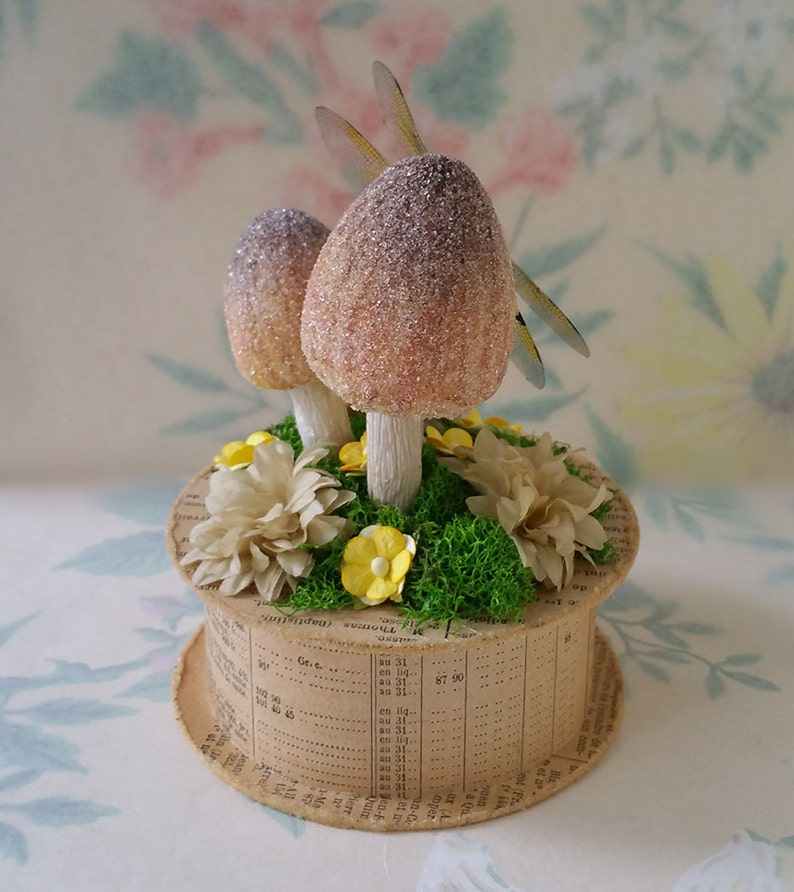 German Glass Glitter Mushrooms and vintage Millinery Flowers Yellow Realistic Dragonfly Keepsake Box Party Favor Antique French Newsprint