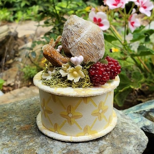 May include: A decorative, round box with a yellow floral pattern, topped with a snail shell, faux berries, and small flowers. The box sits on a stone surface, with a blurred background of greenery and pink flowers.