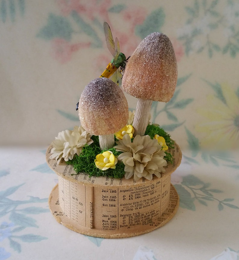 German Glass Glitter Mushrooms and vintage Millinery Flowers Yellow Realistic Dragonfly Keepsake Box Party Favor Antique French Newsprint