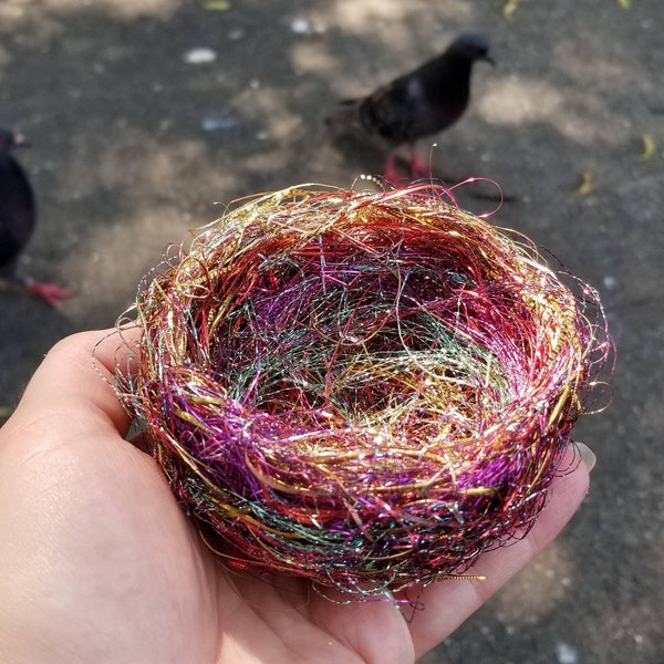 Handmade Nest Made From Vintage 1930's Multicolored Tinsel Spools - approximately 5 inches - Rainbow Unicorn Decor