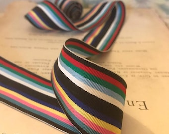 Stunning vintage acetate grosgrain stripe petersham ribbon black rainbow stripe 1.5" for bows belts suspenders tote straps millinery hat