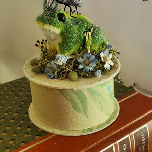May include: A green frog figurine with a fly on its back, sitting on a small, round, floral-patterned box. The box is sitting on top of a stack of books with titles like "Once Upon An Island" and "Bush Baby".