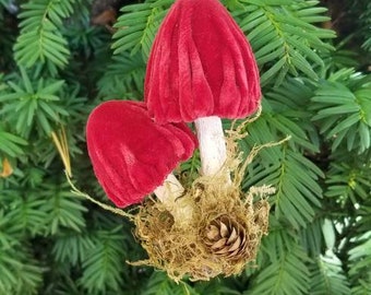 Magical Red 1950's Small Velvet Death Cap Double Mushroom Ornament - Alice in Wonderland Woodland Gift Christmas Tree Fly Agaric decor