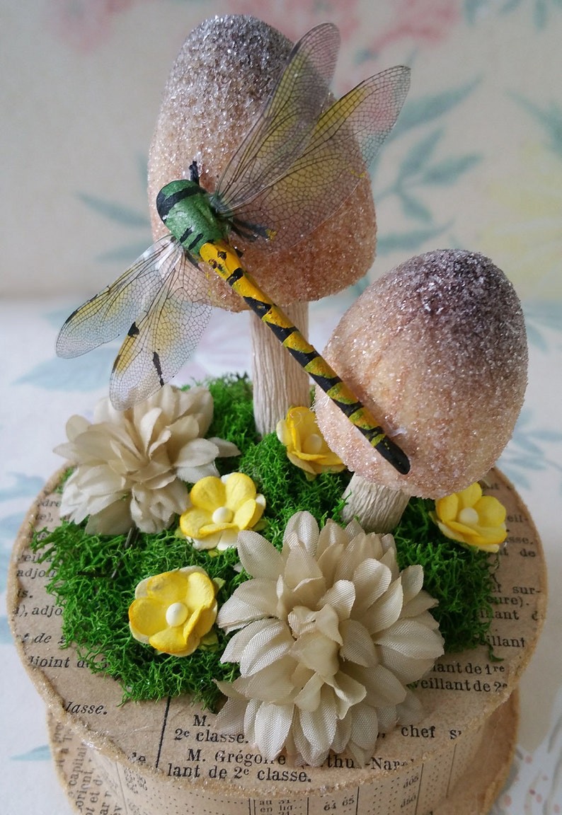 German Glass Glitter Mushrooms and vintage Millinery Flowers Yellow Realistic Dragonfly Keepsake Box Party Favor Antique French Newsprint