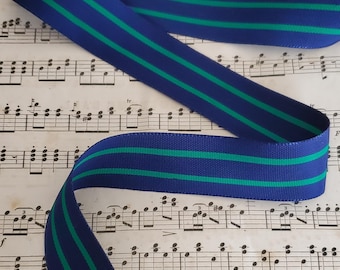 Handsome vintage acetate grosgrain stripe petersham ribbon navy blue green stripe 1 1/8" for bows belts tote straps millinery hat 1yd