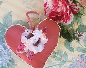 Lovely French Lavender Vintage soft red Silk Sachet Heart Vintage Antique Pink Flowers, Buds Bows gimp Ribbon, velvet leaves