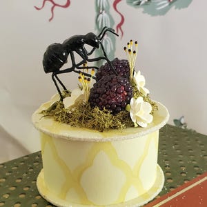 May include: A small, round, yellow box with a white geometric pattern. The box is decorated with a black ant, green moss, white flowers, and purple berries.