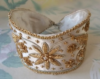 Pair of vintage White Satin Gold Bullion Handmade Cuffs  SALE