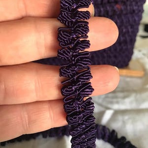 May include: Close-up of a length of dark purple decorative trim. The trim features a series of looped, textured elements along its length. The trim is held by a hand, with a blurred background.