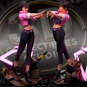 May include: A pair of statues of a person in a pink jacket, purple top, and black pants. The statues are posed with their hands in front of them. The statues are standing on a pile of rubble with a neon pink light behind them. The background has the text "COLLECTIBLES STUDIO".