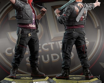 Estátua personalizada de mercenário cyberpunk impressa em 3D - Figura colecionável de ficção científica feita e pintada à mão por fãs.