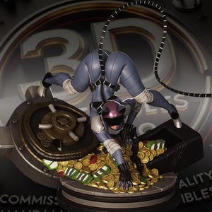 Peut inclure: Une figurine de collection représentant un personnage en combinaison bleue avec un casque violet et une visière noire, accroupi sur un tas de pièces d'or et de billets verts. Un long fouet rayé noir et blanc s'étend au-dessus du dos.