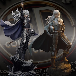 May include: Two detailed statues of characters from a fantasy series. One figure is in a dark outfit with a cape, holding a sword and helmet. The other figure is in a gold and black outfit, also holding a helmet. Both figures have white hair.