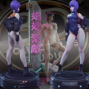 Può includere: Tre statue di un personaggio femminile con capelli viola e un body futuristico. Le statue sono su una piattaforma circolare con la scritta "SECTION 9 TACTICAL". Un'insegna al neon con caratteri giapponesi è sullo sfondo.