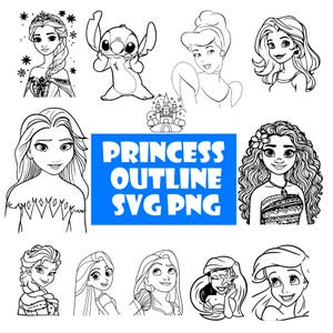 Princess Outline SVG PNG Bundle Princes for Cricut Ariel SVG Belle Magical kingdom Family Elsa svg Frozen svg Vector Stitch Png