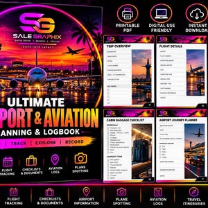 Pode incluir: Um livro digital de planejamento e registro de aeroportos e aviação com uma capa em estilo neon apresentando um avião ao pôr do sol. O conjunto inclui mais de 50 páginas de modelos imprimíveis para viagens, voos, listas e registros.