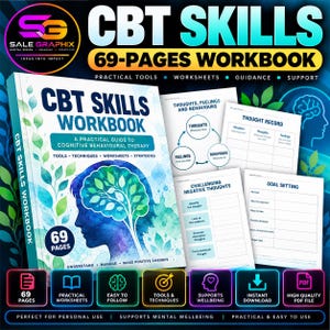 Può includere: Un quaderno di esercizi di 69 pagine sulle competenze TCC con una silhouette ad acquerello blu e verde di una testa umana con un cervello a forma di albero. La copertina include il testo CBT Skills Workbook, A Practical Guide to Cognitive Behavioural Therapy, e pagine interne che mostrano fogli di lavoro per pensieri, sentimenti, comportamenti, registri dei pensieri, sfide ai pensieri negativi e definizione degli obiettivi.