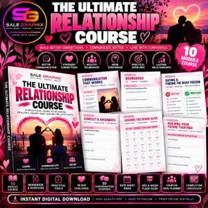 Pode incluir: Um pacote de curso digital intitulado The Ultimate Relationship Course, incluindo uma capa, várias planilhas e guias de módulos. O design utiliza um esquema de cores rosa e preto com gráficos de corações e texto informativo.