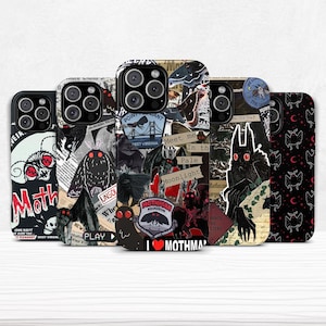 May include: A collection of phone cases featuring a collage of Mothman-themed designs. The cases display various graphics, including the words "Moth," "I ❤️ MOTHMAN," and illustrations of the cryptid. The color palette includes black, red, and white.