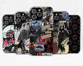 May include: A collection of phone cases featuring a collage of Mothman-themed designs. The cases display various graphics, including the words "Moth," "I ❤️ MOTHMAN," and illustrations of the cryptid. The color palette includes black, red, and white.