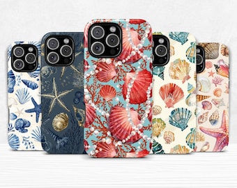 Sea Shell Clam Print Phone Case Dual Shell Cover for iPhone 11 12 13 14 15 16 pro max plus & Samsung Galaxy S25 S24 S23 + Ultra