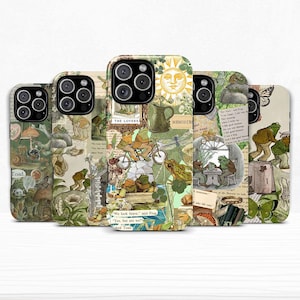 May include: A collection of phone cases with a whimsical frog theme. Each case features a collage design with frogs, butterflies, and vintage illustrations. The cases have a variety of backgrounds, including text and botanical elements.
