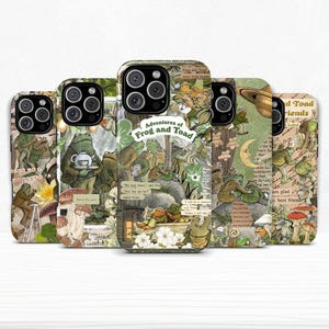May include: Five phone cases with a collage design featuring illustrations of frogs and toads. The cases have a vintage aesthetic with text that reads "Adventures of Frog and Toad". The cases are in various shades of green, brown, and beige.