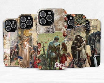 May include: A collection of phone cases with medieval-themed designs. The cases feature illustrations of knights, castles, and romantic scenes, with a vintage aesthetic. The word "Love" is visible on one of the cases. The cases are in various shades of beige, brown, and red.