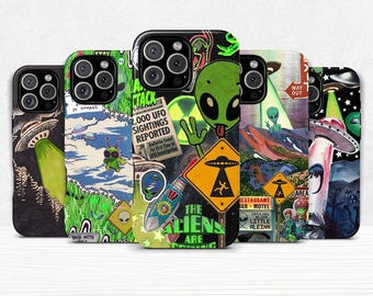Funda de teléfono con diseño de OVNI alienígena de doble carcasa para iPhone 11, 12, 13, 14, 15, 16 Pro Max Plus y Samsung Galaxy S25, S24 y S23 + funda ultra protectora