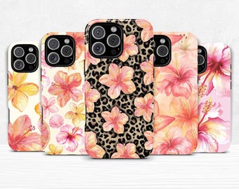 Funda de teléfono con diseño floral de hibisco, carcasa doble para iPhone 11, 12, 13, 14, 15, 16 Pro Max Plus y Samsung Galaxy S25, S24, S23 y Ultra