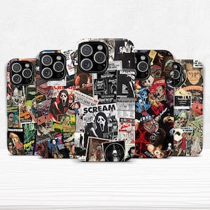 Puede incluir: Varias fundas para teléfonos que muestran un collage de carteles de películas de terror. Los diseños incorporan imágenes de películas clásicas como "Scream", "Halloween" y "Viernes 13". Las fundas son predominantemente negras, blancas, rojas y verdes.