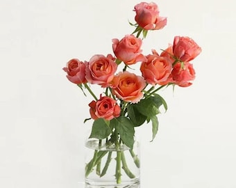 May include: A bouquet of peach-colored roses in a clear glass vase. The roses are arranged in a loose, natural style, with some of the stems crossing over each other. The vase is simple and elegant, with a round base and a cylindrical body.