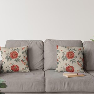 Floral Square Pillow, Beige Red Flowers and White Green Leaves Decorative Cushion Cover, Home Decor Accent, Botanical Throw Pillow, Spring