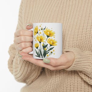 Yellow Floral Ceramic Mug, Flower Tea Cup, Botanical Coffee Mug, Soft Yellow Flower Drinkware, Gardening Gift, Gift Idea