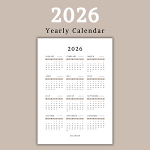 2026 Yearly Calendar Printable | 2026 Annual Calendar | Minimalist Design | A3, A4, Letter Sizes | Sunday & Monday Start | Digital Download